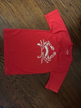 Crewcuts Red Kids Swim Rashguard with White Crab Graphic